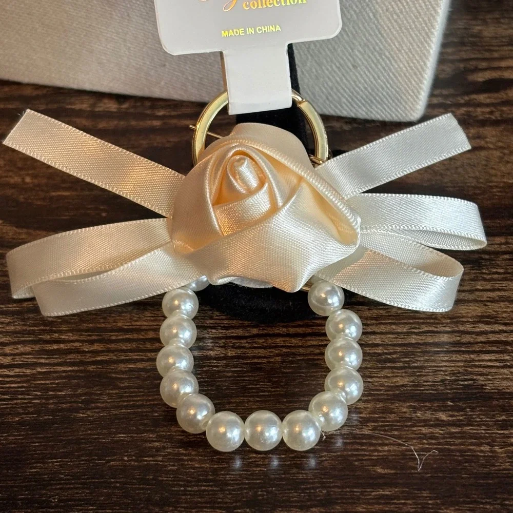 Crystal Collection Ivory Satin Rose Faux Pearl Bow Keychain Gold Tone Clasp